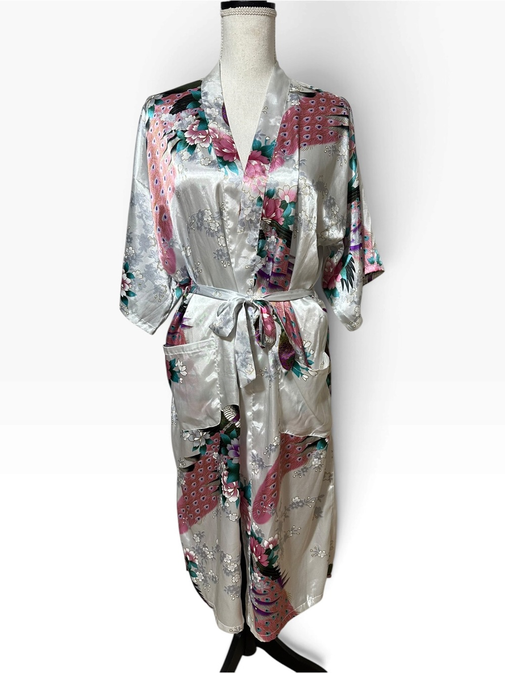 Silky Floral Satin peacock Kimono Robe in Silver and Pink